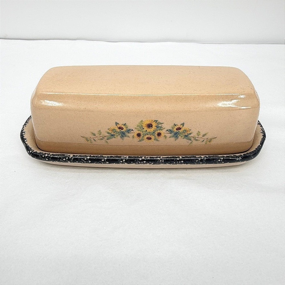 Home & Garden Party Ltd Butter Dish Sunflower Speckled Trim Vintage Kitchen